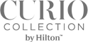 This image displays the logo for "Curio Collection by Hilton," featuring stylized text in gray font.