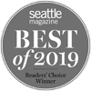 A circular badge with "Seattle Magazine Best of 2019 Readers' Choice Winner" written on it, recognizing excellence.