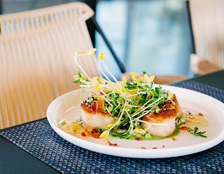 The image shows a plate of gourmet food, possibly seared scallops, garnished with greens and microgreens, placed on a blue woven placemat on a table.