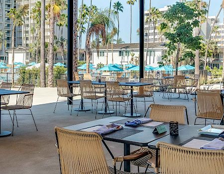 Outdoor dining area with several tables and chairs, set against a backdrop of palm trees and a pool area with blue umbrellas.