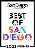 An image shows a "San Diego Magazine" plaque for "Best of San Diego 2021 Winner," with "SAN DIEGO" in colorful letters.