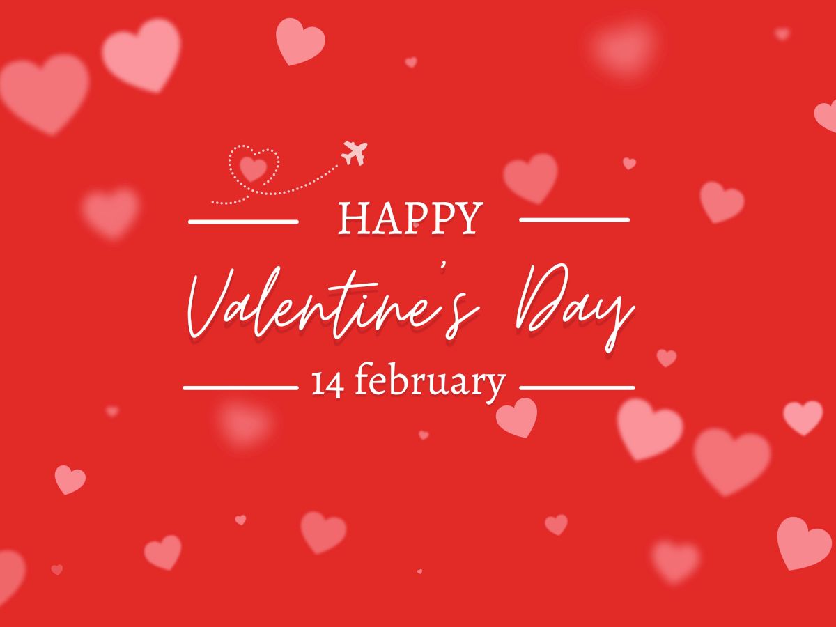 The image features a red background with pink hearts and the text "Happy Valentine's Day 14 February" centered in the design.