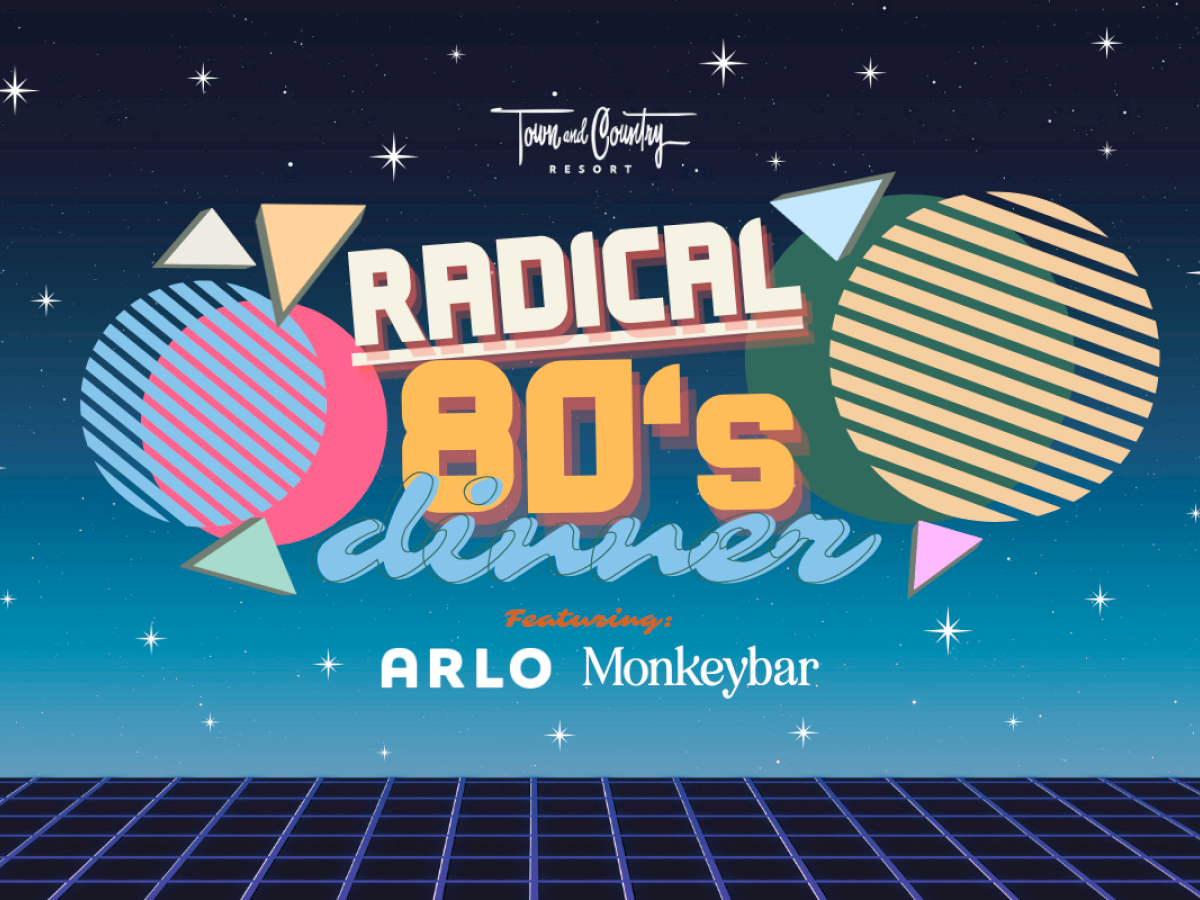 Futuristic 80s-themed poster reads: "Radical 80's Dinner" with geometric shapes and a starry, grid-lined background.