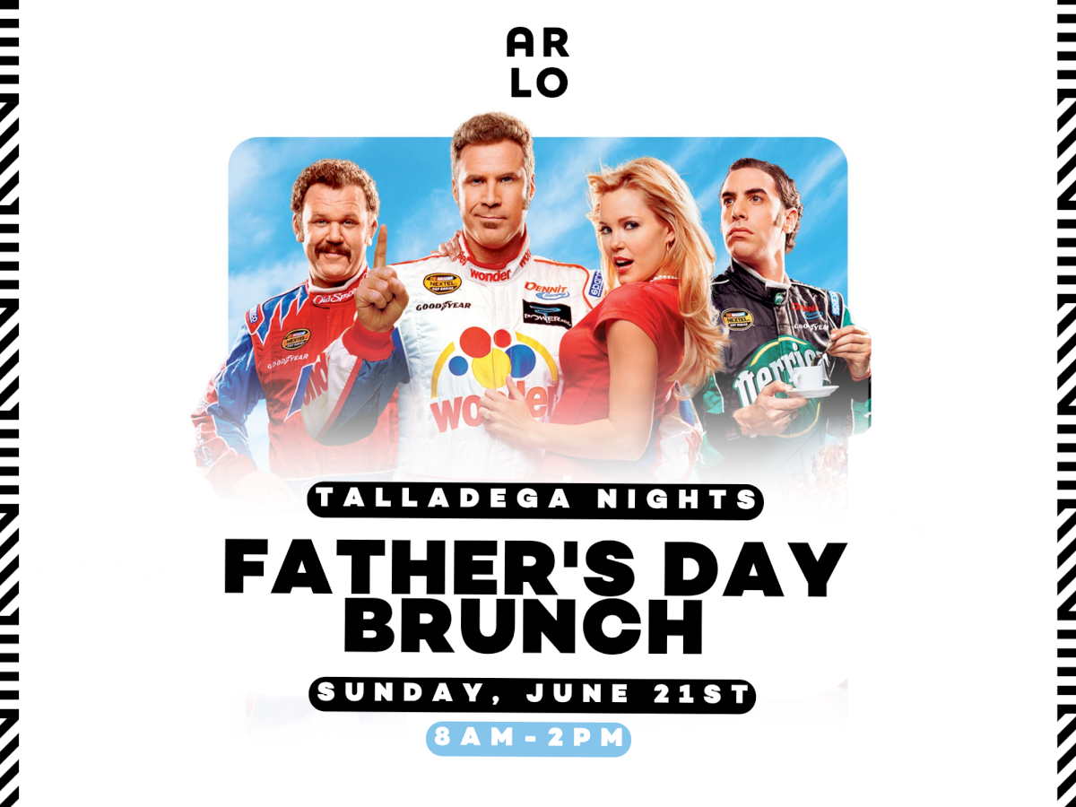 A poster for &ldquo;Father&rsquo;s Day Brunch&rdquo; at Balladega Nights, featuring four partygoers in bright outfits, bold event text, and a sale-like design. ends.