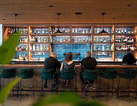 A stylish bar scene with four people seated at a wooden counter, shelves of bottles behind them, and a relaxed casual vibe.