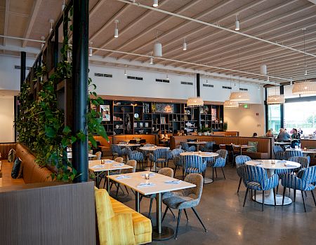 A modern restaurant dining area with blue chairs, wood tables, hanging pendant lights, and diners chatting in a bright open space.