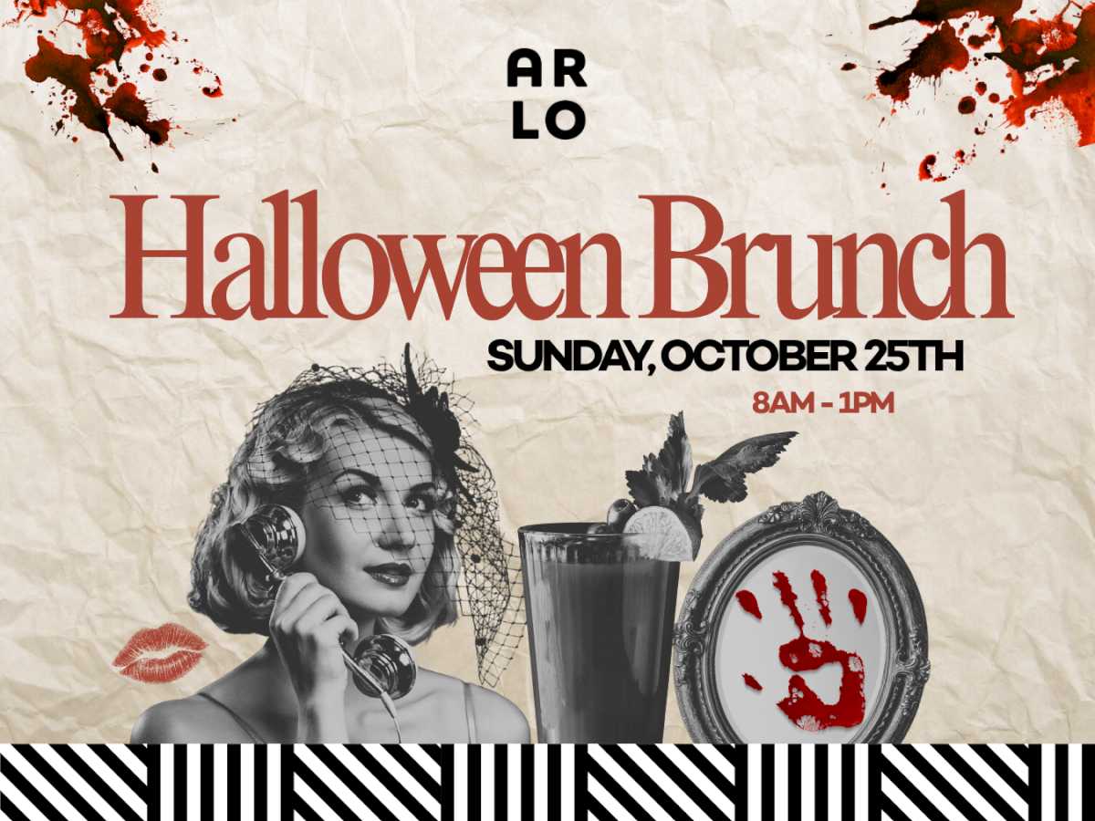 Halloween Brunch flyer: Oct 25, 8am&ndash;1pm, featuring a spooky phone-call waitress, drinks, and red handprint splatters.